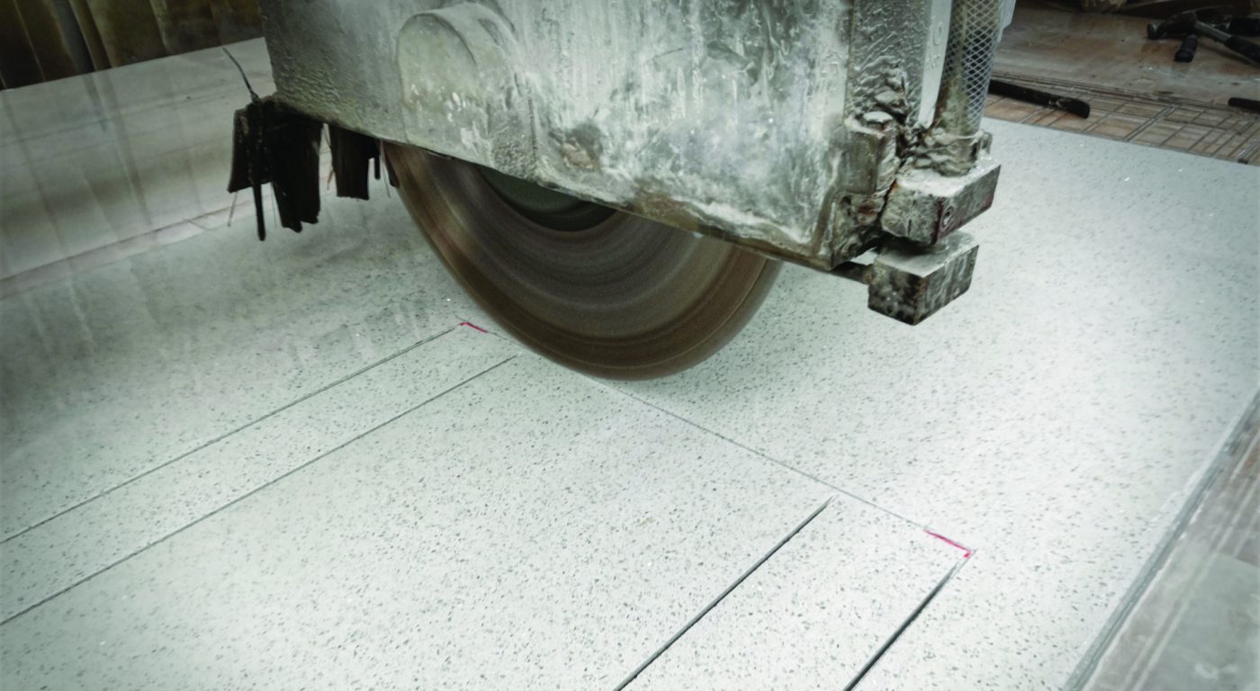 The Hereford Stone saw cutting a piece of quartz for a kitchen worktop